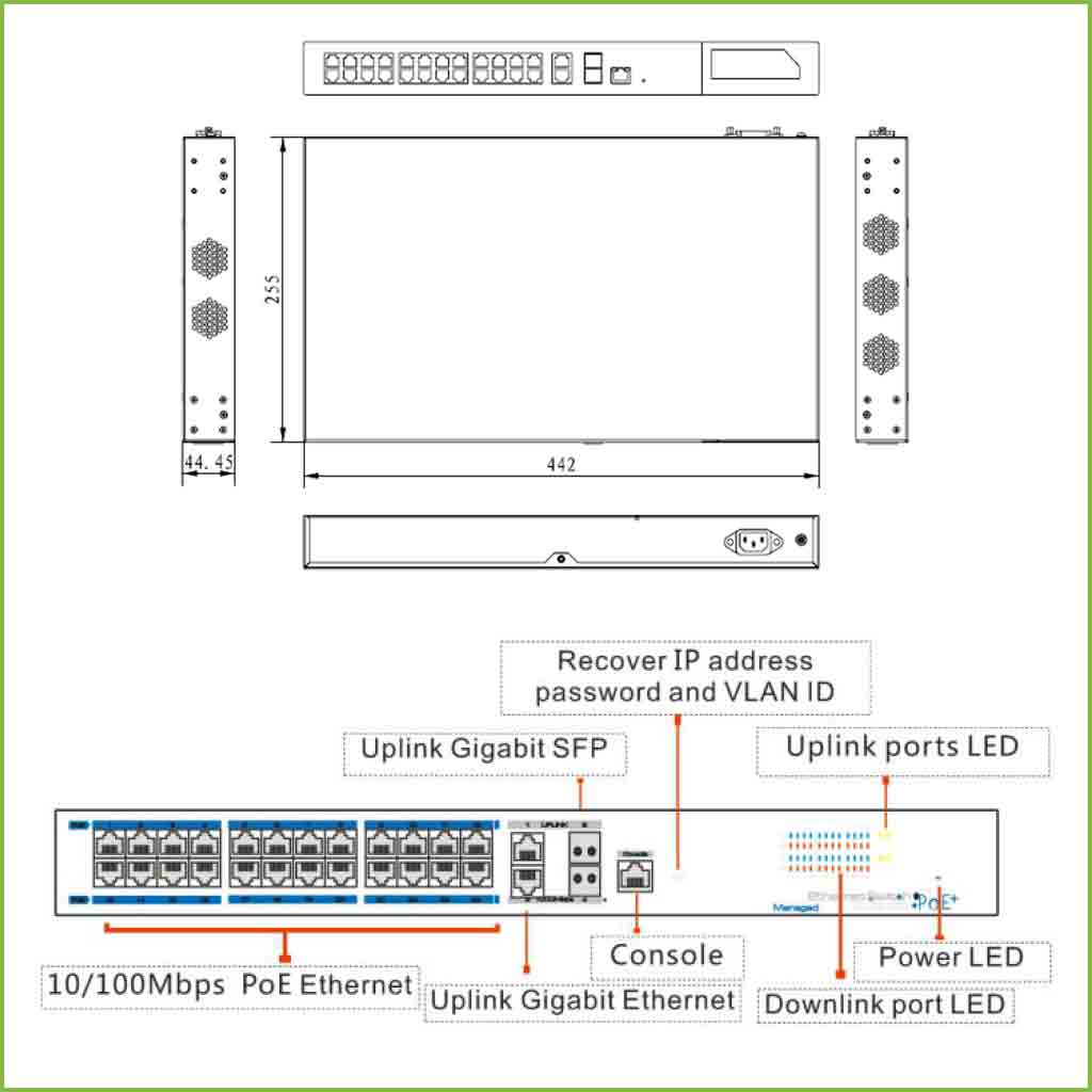 Switch PoE 24 puertos 10/100 + 2 Uplink + 1 Uplink Gigabit SFP Combo 390W 802.3af/at 6KV Manejable Layer 2